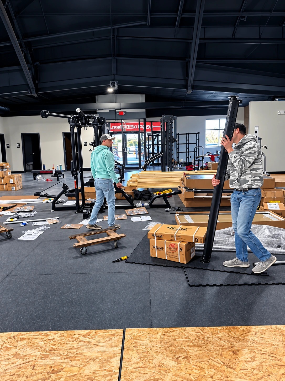 Priority Fitness crew assembling equipment in a smaller installation